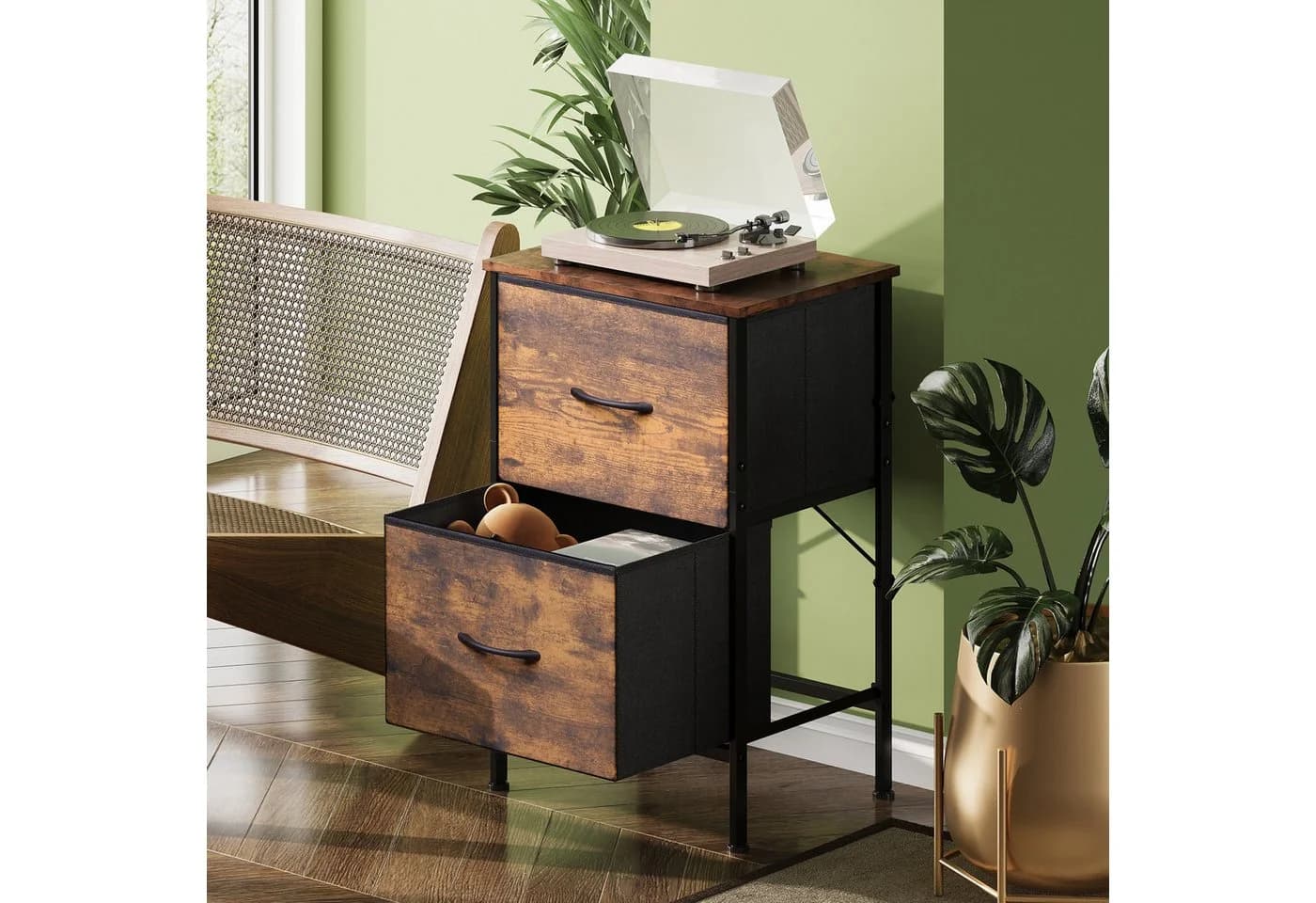 WLIVE Nachttisch mit 2 Stoffschubladen, 40x30x63 cm, Braun/Schwarz/Weiß - Bild 5