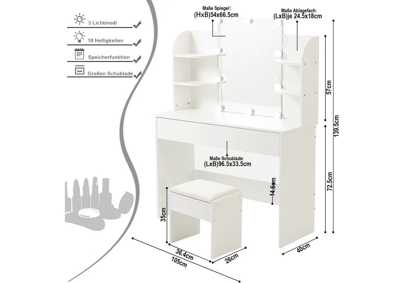 Thanaddo Schminktisch mit LED-Beleuchtung, Breite 105 cm