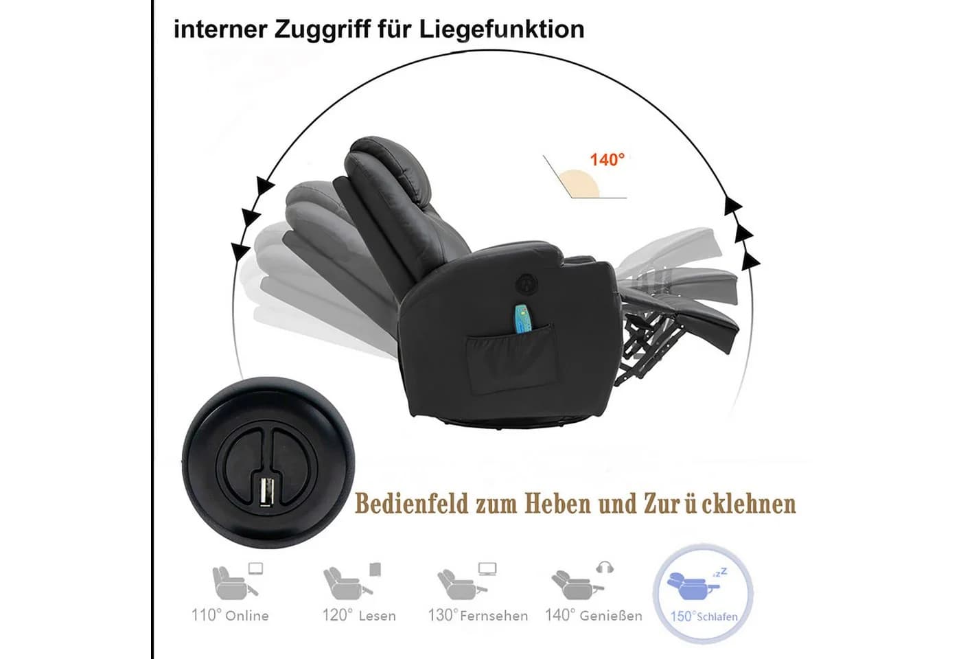 Thanaddo Massagesessel Relaxsessel Schwarz mit Liegefunktion - Bild 4