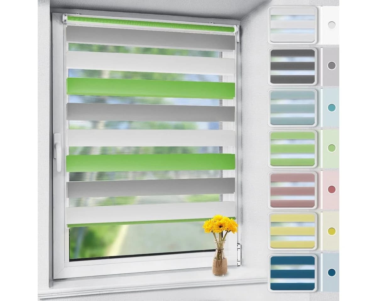 OUBO Doppelrollo 130cm Bohrfrei Lichtschutz Grün-Grau-Weiß - Bild 2