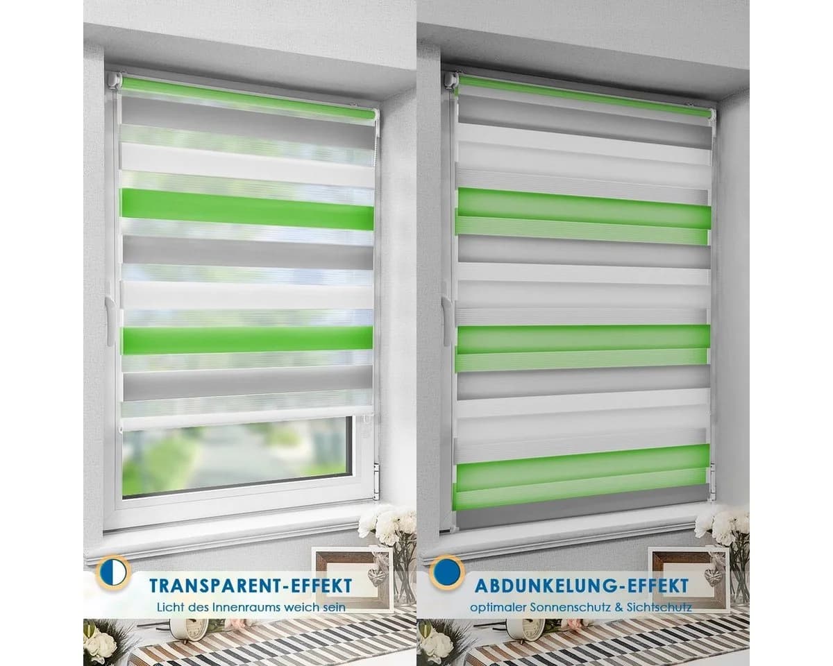OUBO Doppelrollo 130cm Bohrfrei Lichtschutz Grün-Grau-Weiß - Bild 5