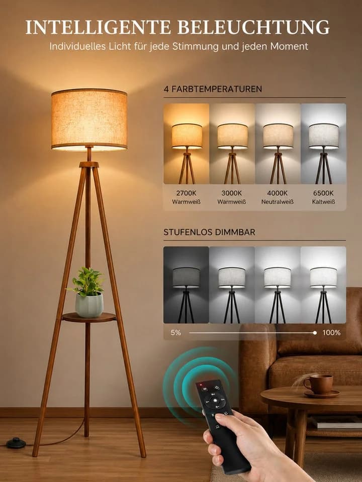 OUTON LED Stehlampe mit Ablagefach Eiche Leinen dimmbar - Bild 5