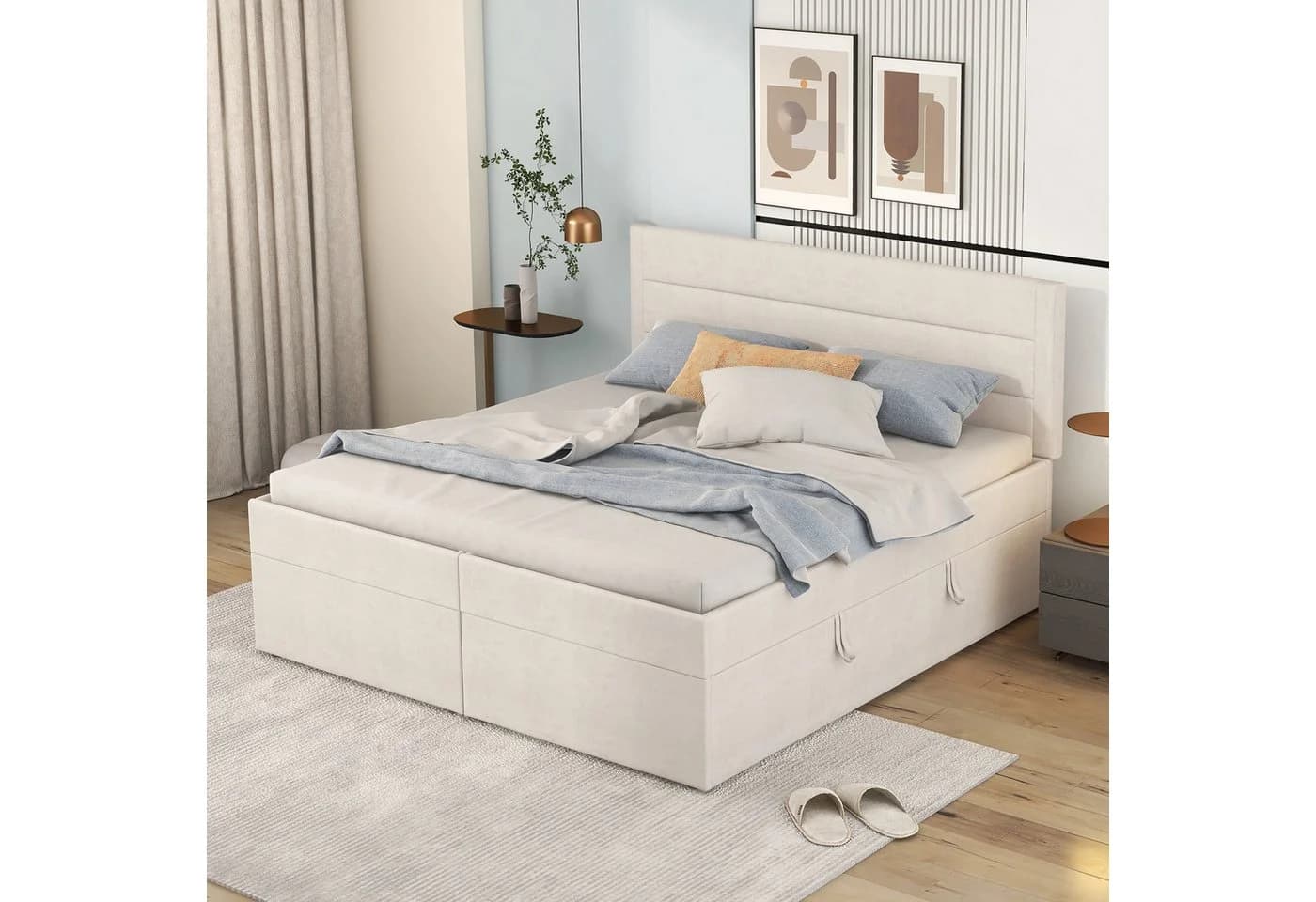 TavilaEcon Boxspringbett Polsterbett Funktionsbett Grau/Beige Metallrahmen 140x200 cm - Bild 3