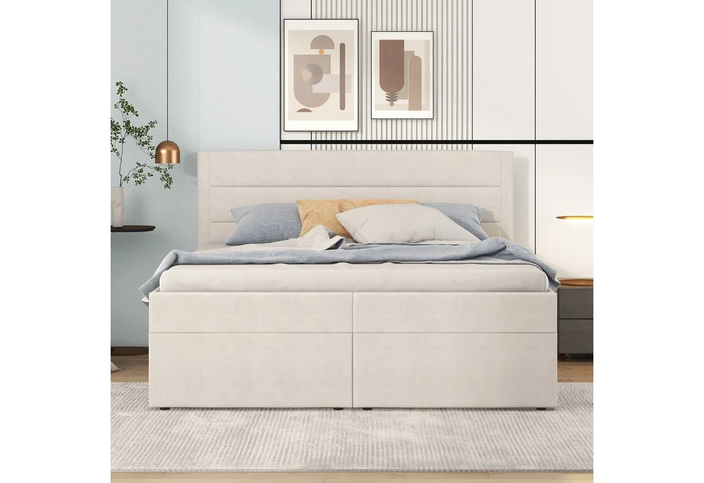 TavilaEcon Boxspringbett Polsterbett Funktionsbett Grau/Beige Metallrahmen 140x200 cm - Bild 4
