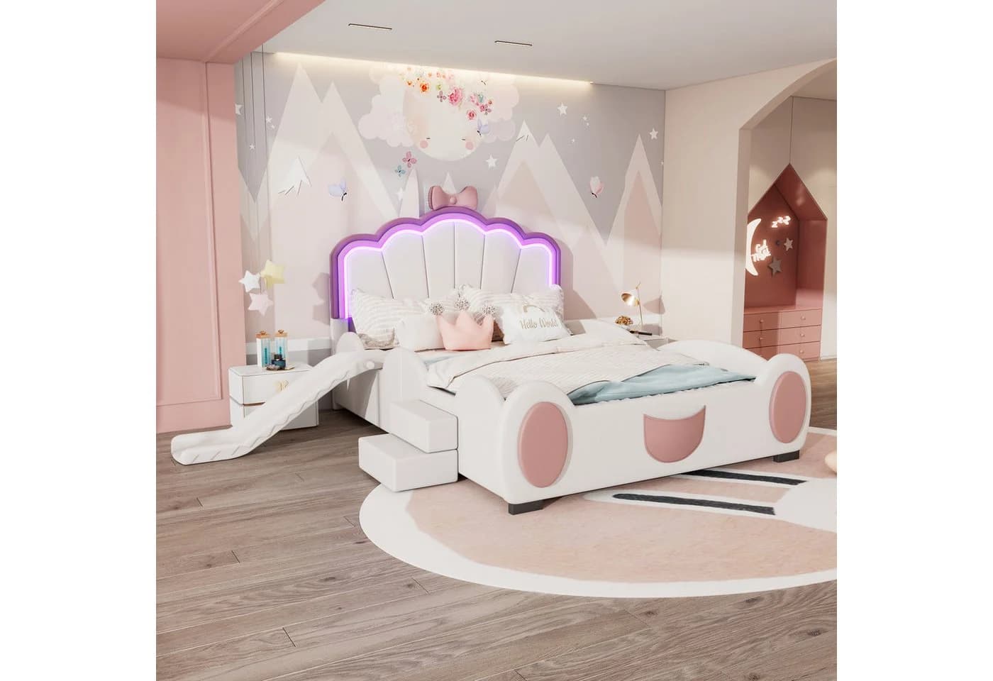 TavilaEcon Kinderbett Polsterbett Cartoon Bett Schmetterlingsbett Rosa/Weiß LED-Farbwechsellicht - Bild 2