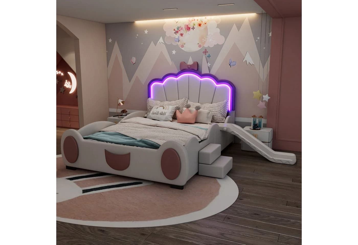 TavilaEcon Kinderbett Polsterbett Cartoon Bett Schmetterlingsbett Rosa/Weiß LED-Farbwechsellicht - Bild 3