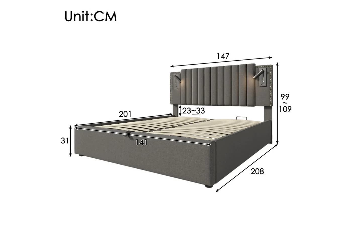 TavilaEcon Boxspringbett Grau/Beige mit verstellbarem Kopfteil