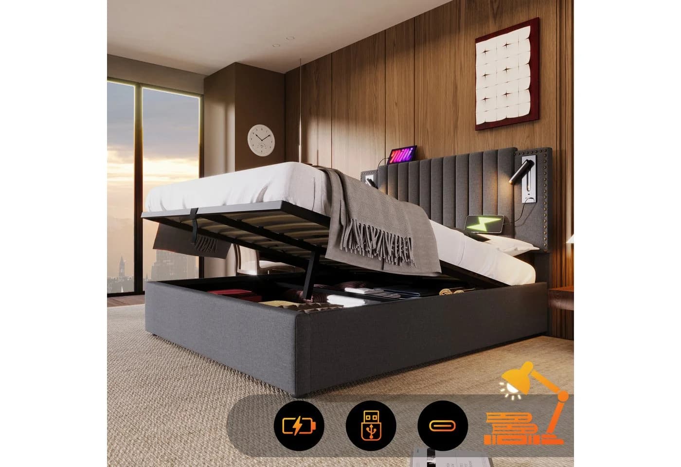 TavilaEcon Boxspringbett Grau/Beige mit verstellbarem Kopfteil - Bild 2