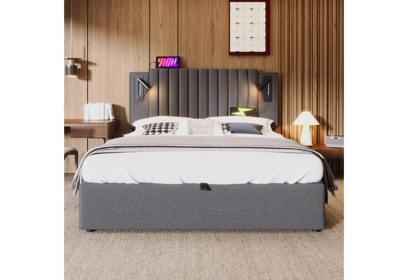 TavilaEcon Boxspringbett Grau/Beige mit verstellbarem Kopfteil - Bild 3