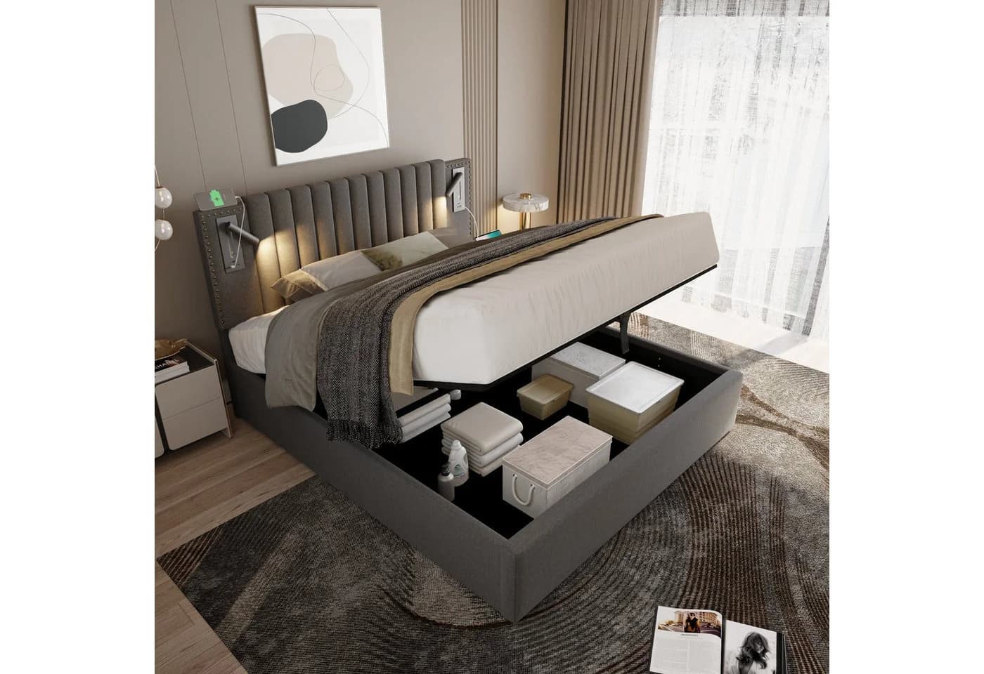 TavilaEcon Boxspringbett Grau/Beige mit verstellbarem Kopfteil - Bild 4