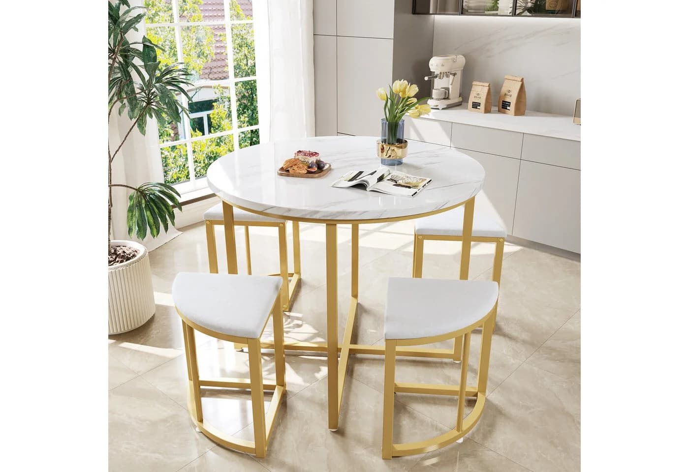 TavilaEcon Essgruppe Esszimmertisch-Set mit vier Stühlen, MDF-Tischplatte, rund - Bild 2