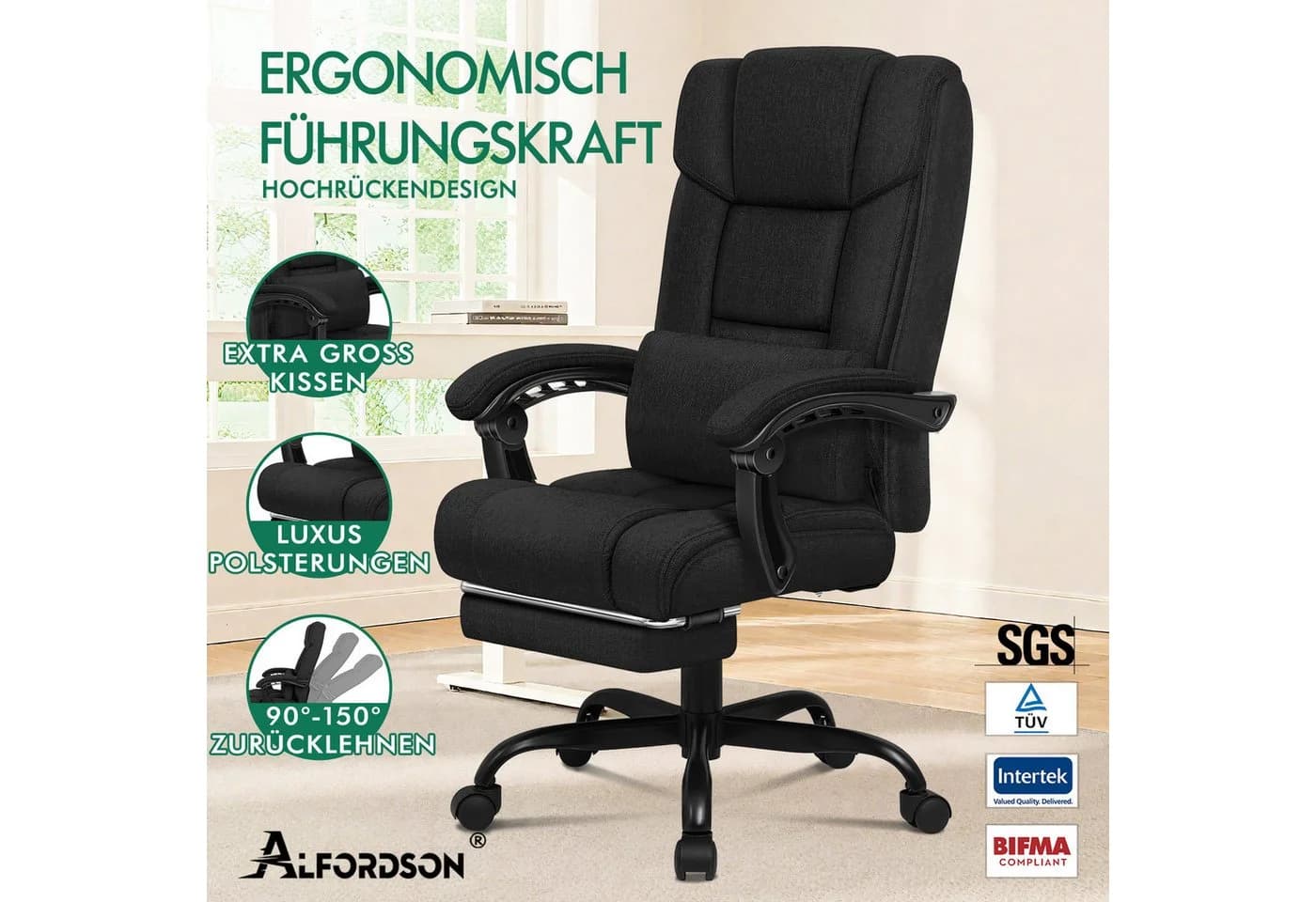 ALFORDSON Bürostuhl Schwarz mit Fußstütze