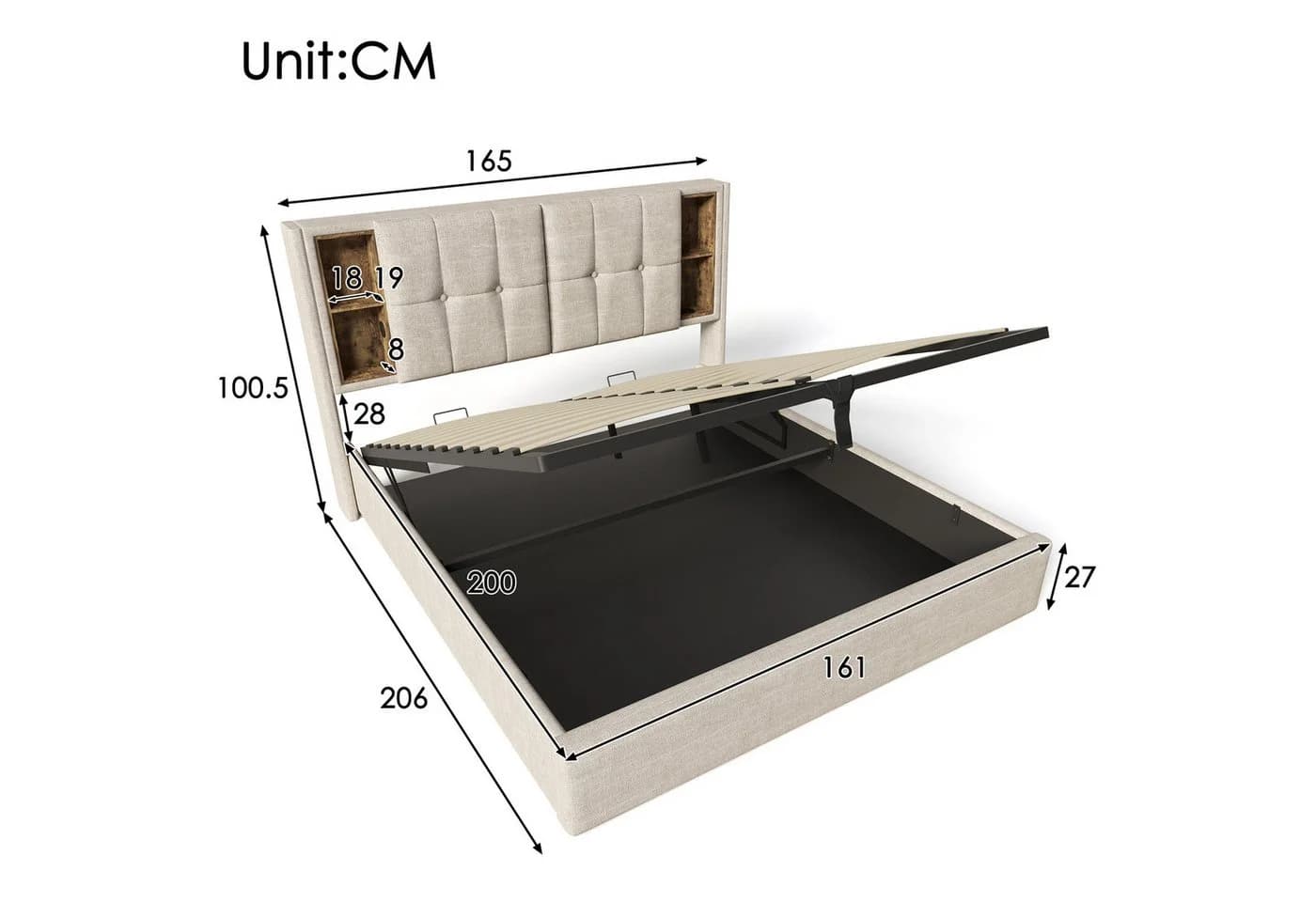 TavilaEcon Boxspringbett Polsterbett Grau/Beige Hydraulisch Stauraumbett