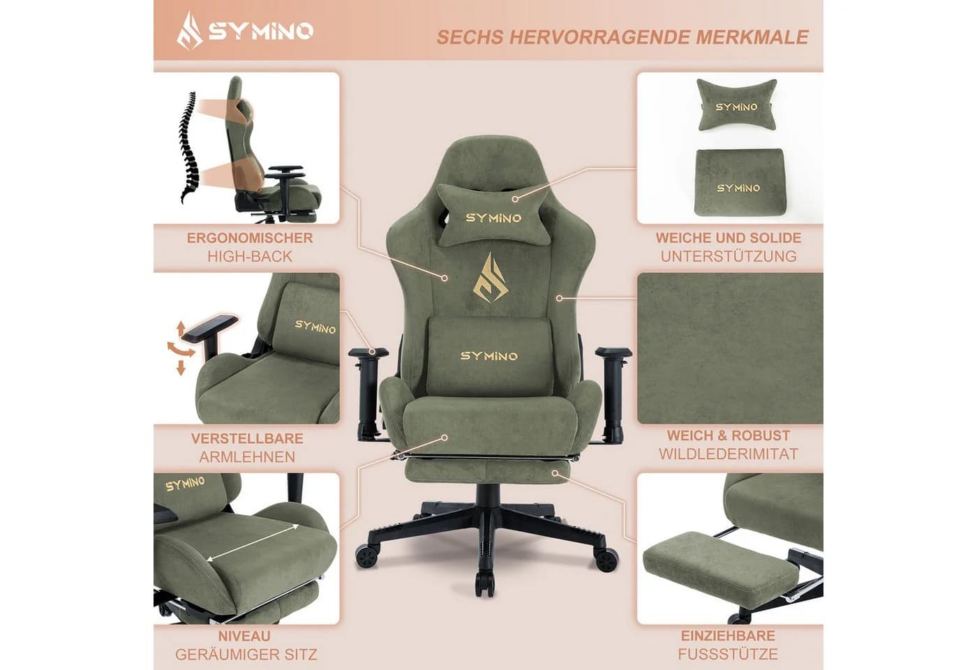 symino Gaming-Stuhl Premium Alcantara Stoff Grün Ergonomisch Serie MP - Bild 4