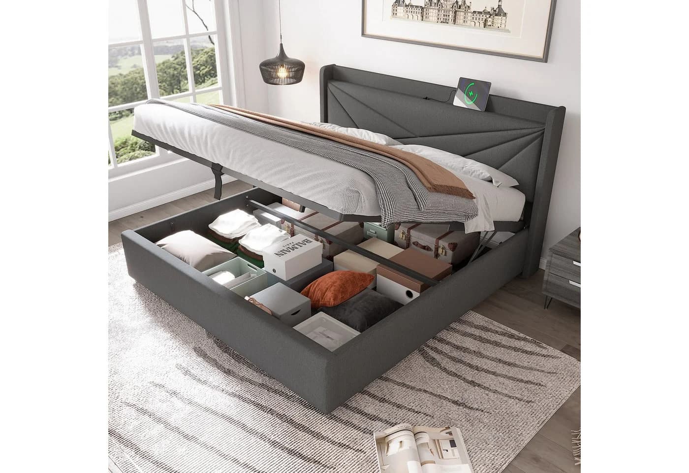 TavilaEcon Boxspringbett Einzelbett mit Stauraum und USB Typ C Grau - Bild 2