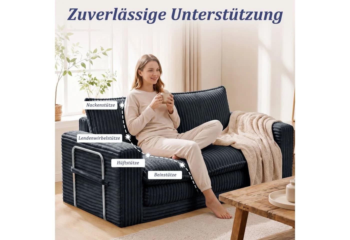 HomeMiYN Schlafsofa 2-Sitzer Grau Beige Blau mit Bettfunktion - Bild 3