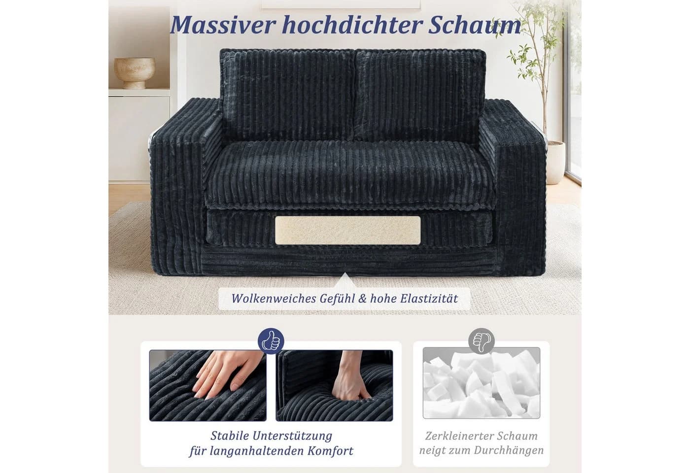HomeMiYN Schlafsofa 2-Sitzer Grau Beige Blau mit Bettfunktion - Bild 4