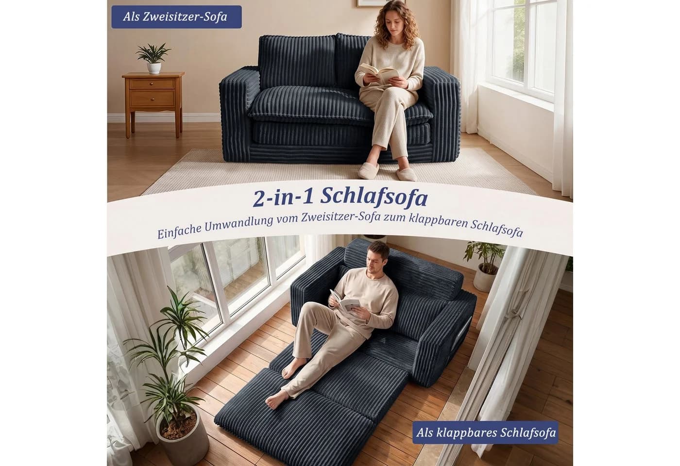 HomeMiYN Schlafsofa 2-Sitzer Grau Beige Blau mit Bettfunktion - Bild 5