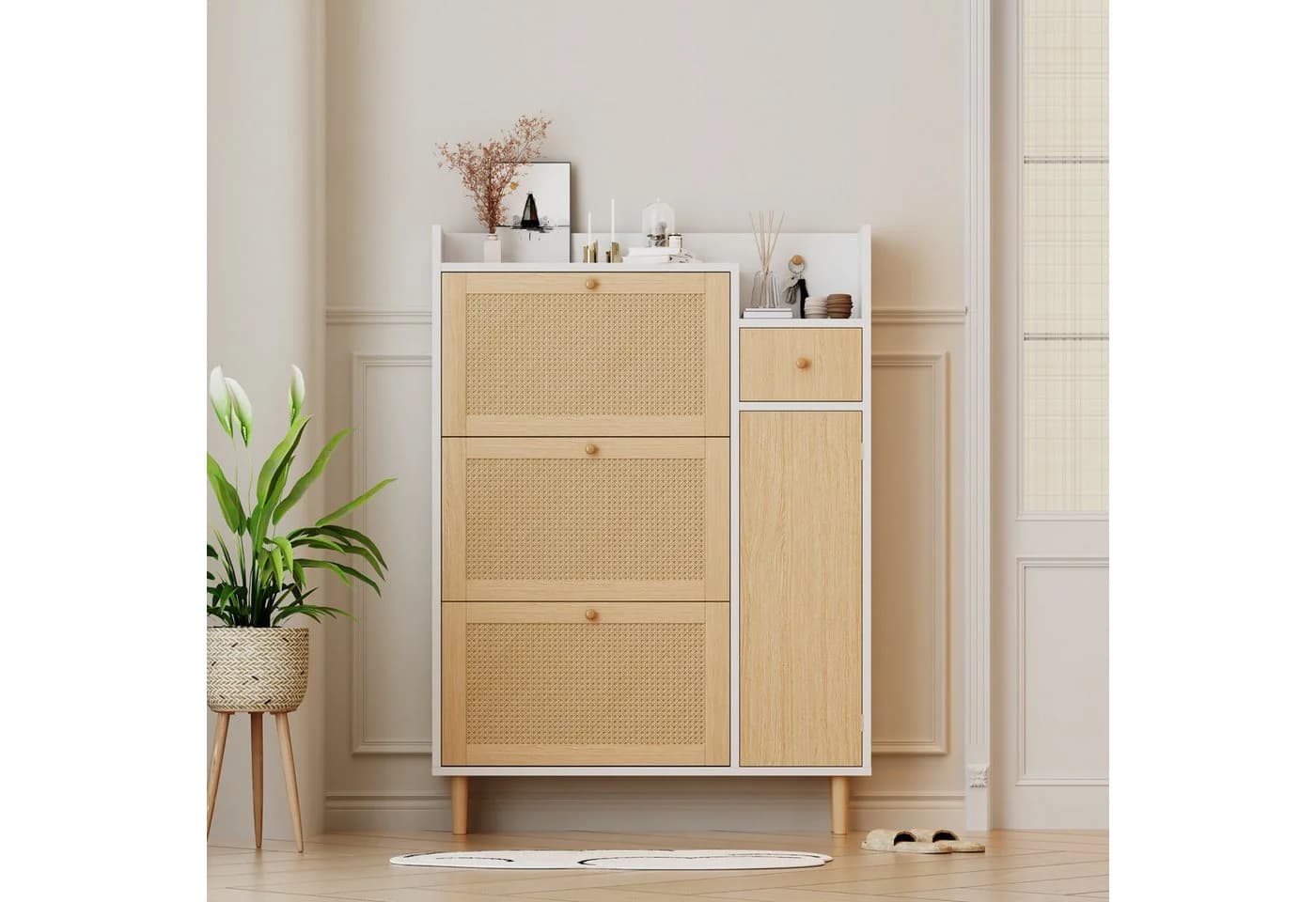 Refined Living Schuhschrank Rattan Weiß Massivholz