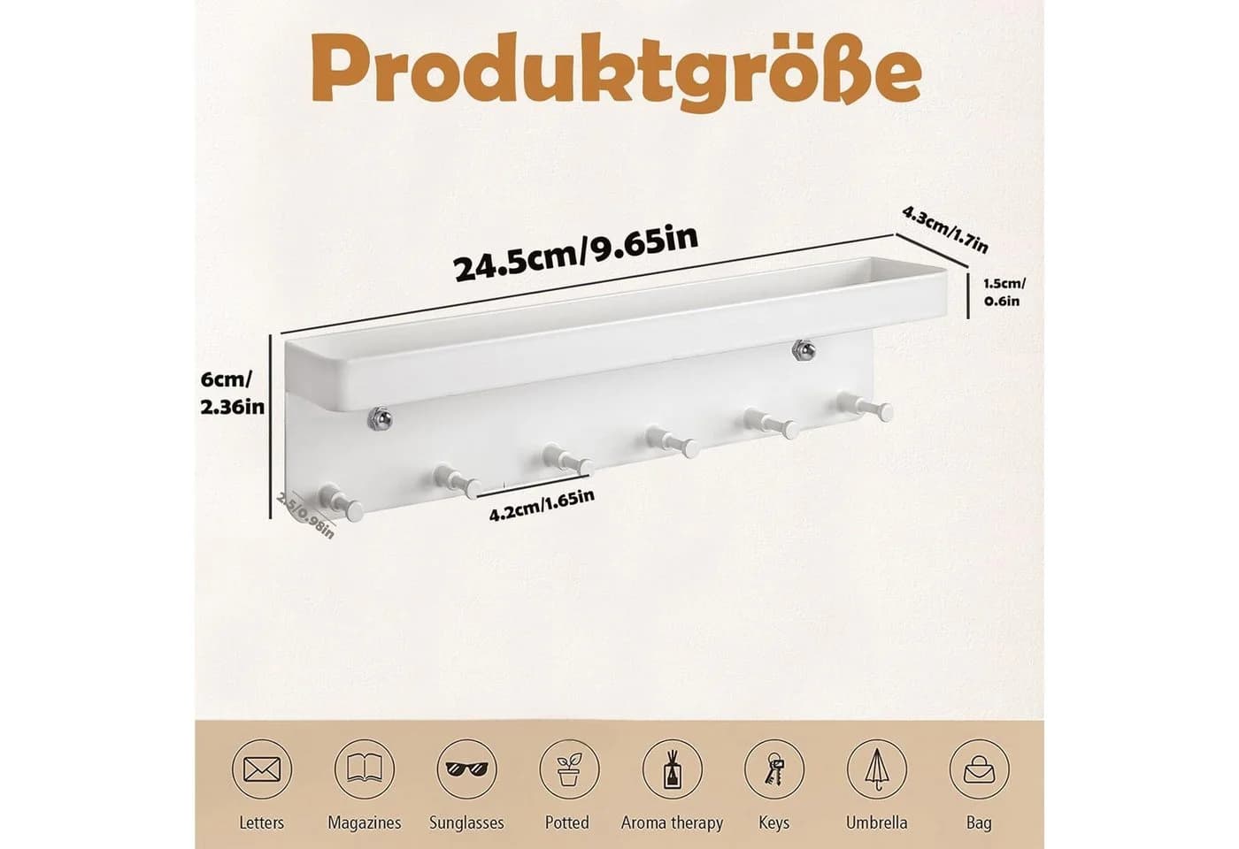 SURFOU Schlüsselbrett mit Ablage Edelstahl Selbstklebend Schlüsselhalter 6 Haken - Bild 4
