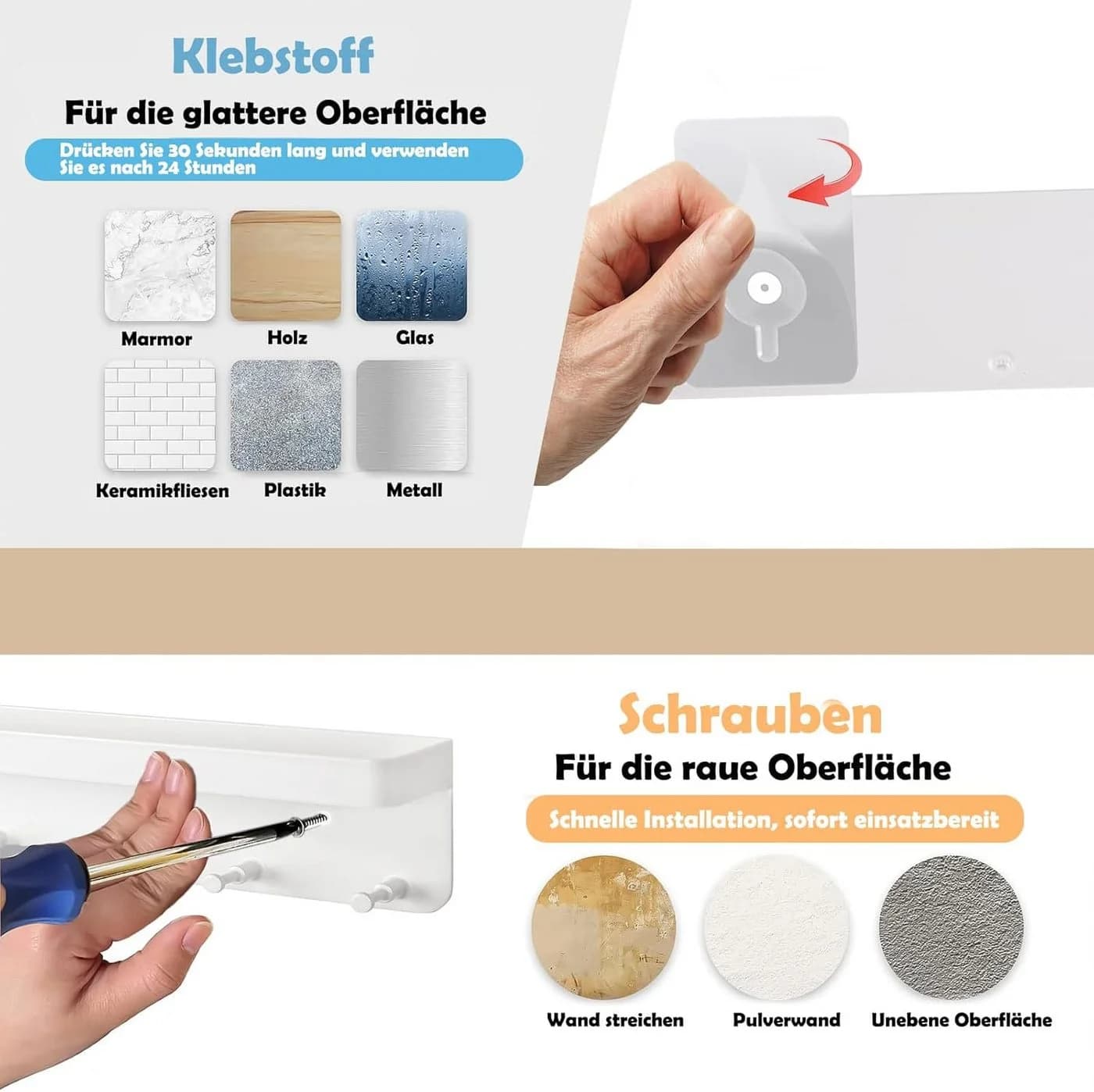 SURFOU Schlüsselbrett mit Ablage Edelstahl Selbstklebend Schlüsselhalter 6 Haken - Bild 5