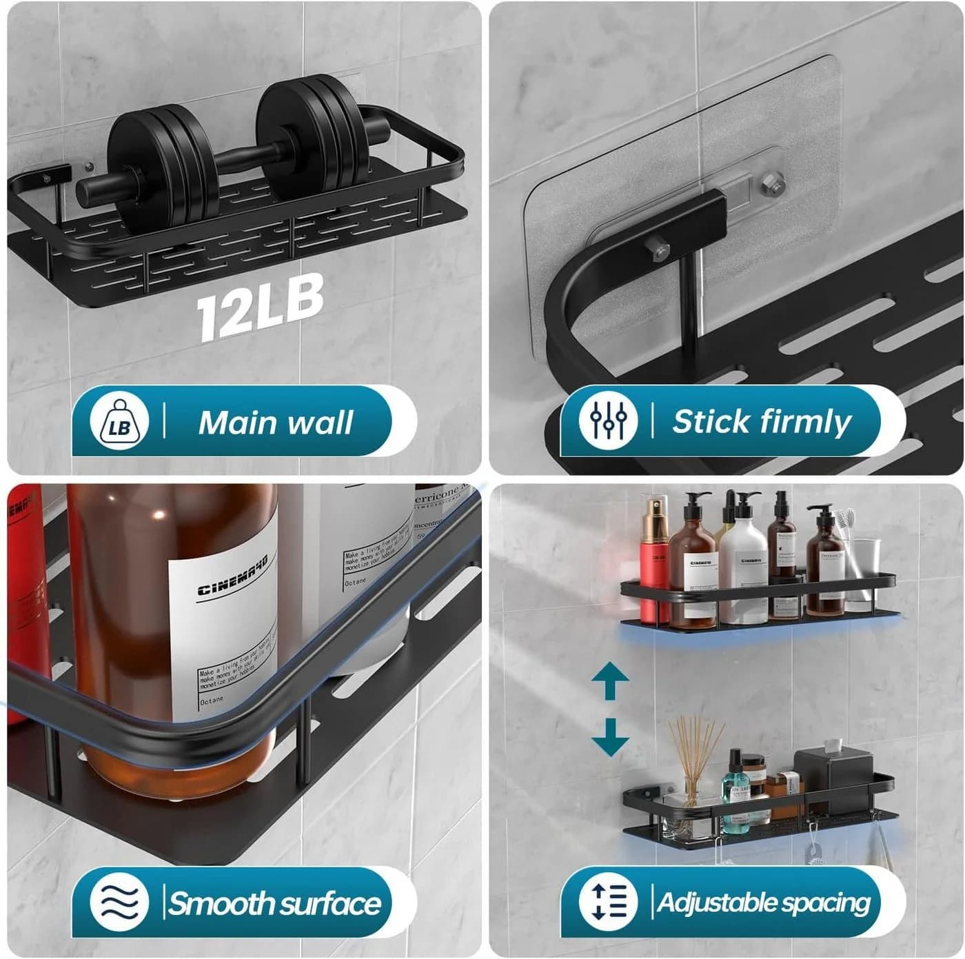SURFOU Duschregal 2-tlg. Schwarz Silber Aluminium Ohne Bohren - Bild 5