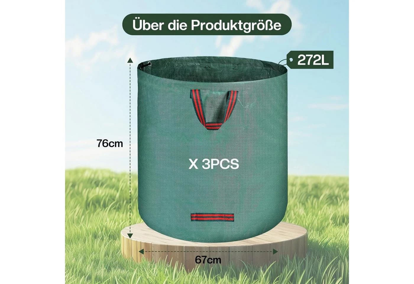 Refined Living Gartensack 3X 272L Gartenabfallsack mit Griffen, Laubsack wasserdicht & reißfest, 272 l, Grün