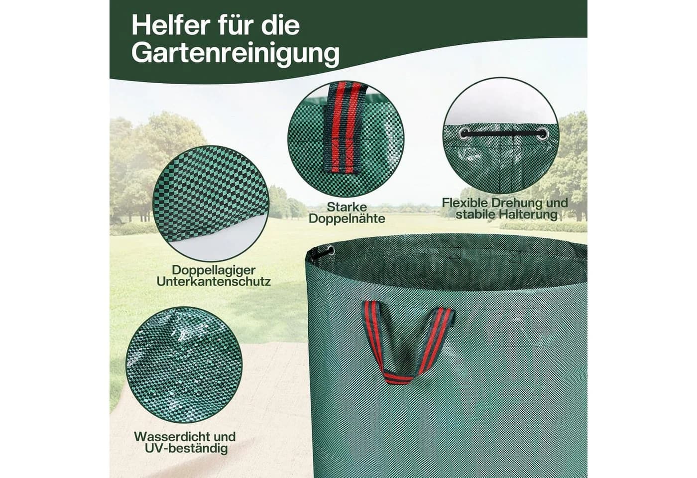Refined Living Gartensack 3X 272L Gartenabfallsack mit Griffen, Laubsack wasserdicht & reißfest, 272 l, Grün - Bild 3