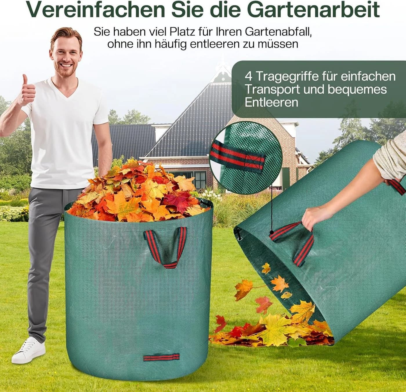 Refined Living Gartensack 3X 272L Gartenabfallsack mit Griffen, Laubsack wasserdicht & reißfest, 272 l, Grün - Bild 4
