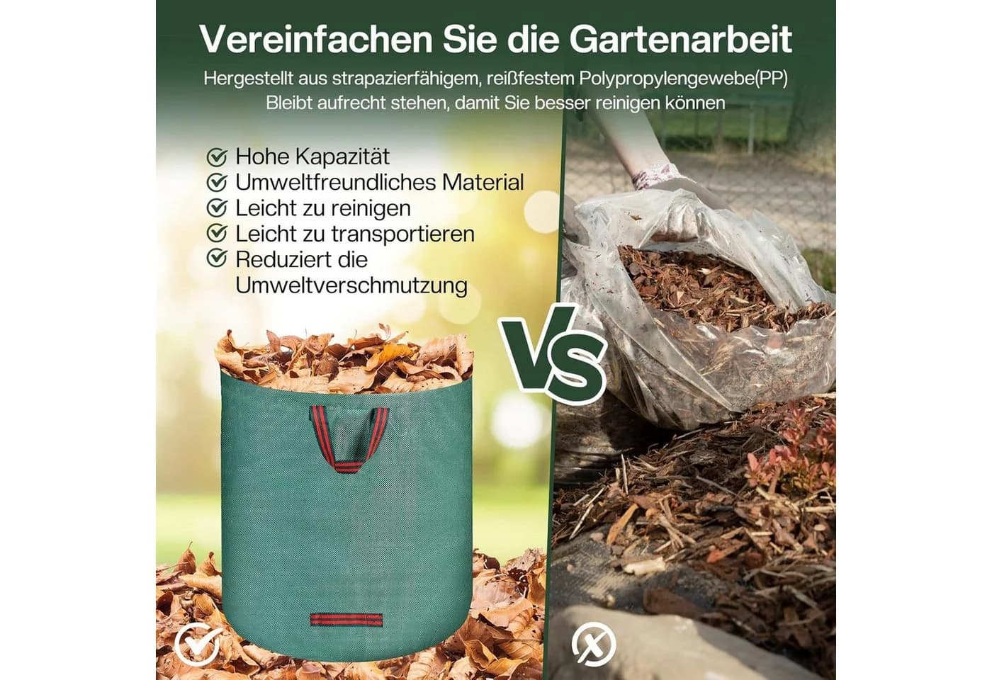 Refined Living Gartensack 3X 272L Gartenabfallsack mit Griffen, Laubsack wasserdicht & reißfest, 272 l, Grün - Bild 5