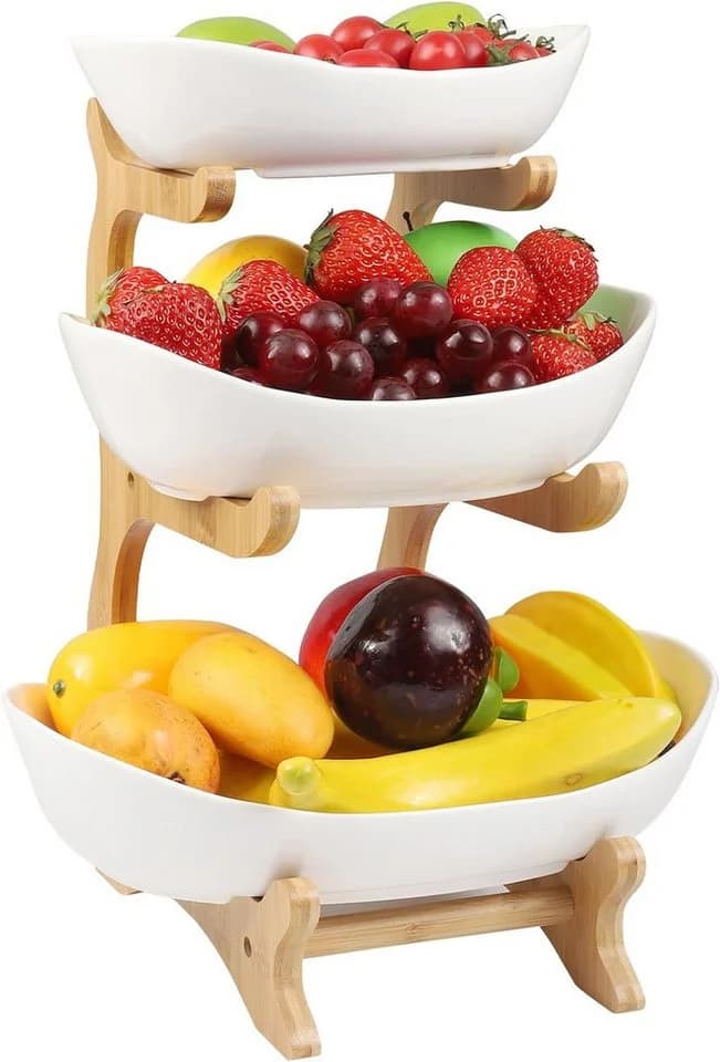 Refined Living 3-stöckige Keramik-Obstschale mit Bambusholzständer Weiß - Bild 2