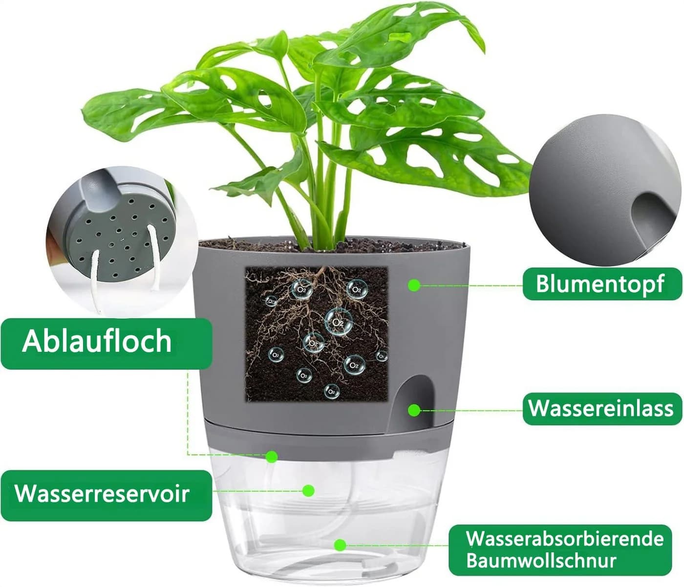 Refined Living Kräutertopf mit Selbstbewässerung, 3er Set Grau - Bild 3