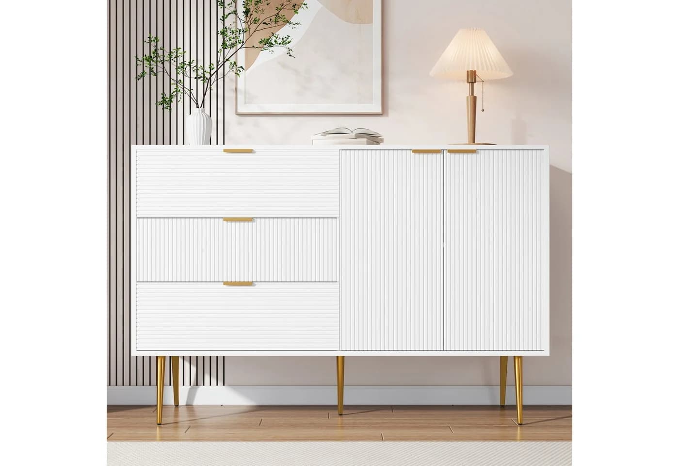 Refined Living Sideboard Wohnzimmerschrank Weiß & Gold