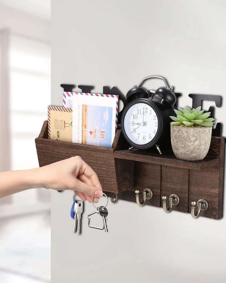 SURFOU Schlüsselbrett Schlüsselhaken aus Holz mit Ablage – Vintage Schlüsselablage für Wand