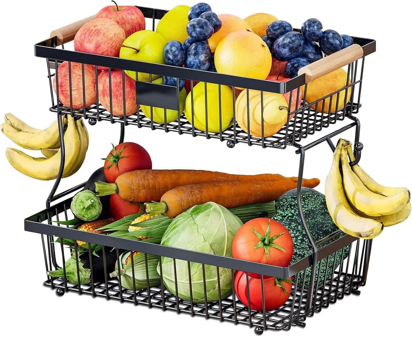 SURFOU 2-stöckiger Obstkorb mit Holzgriffen & Bananenhaken - Bild 2
