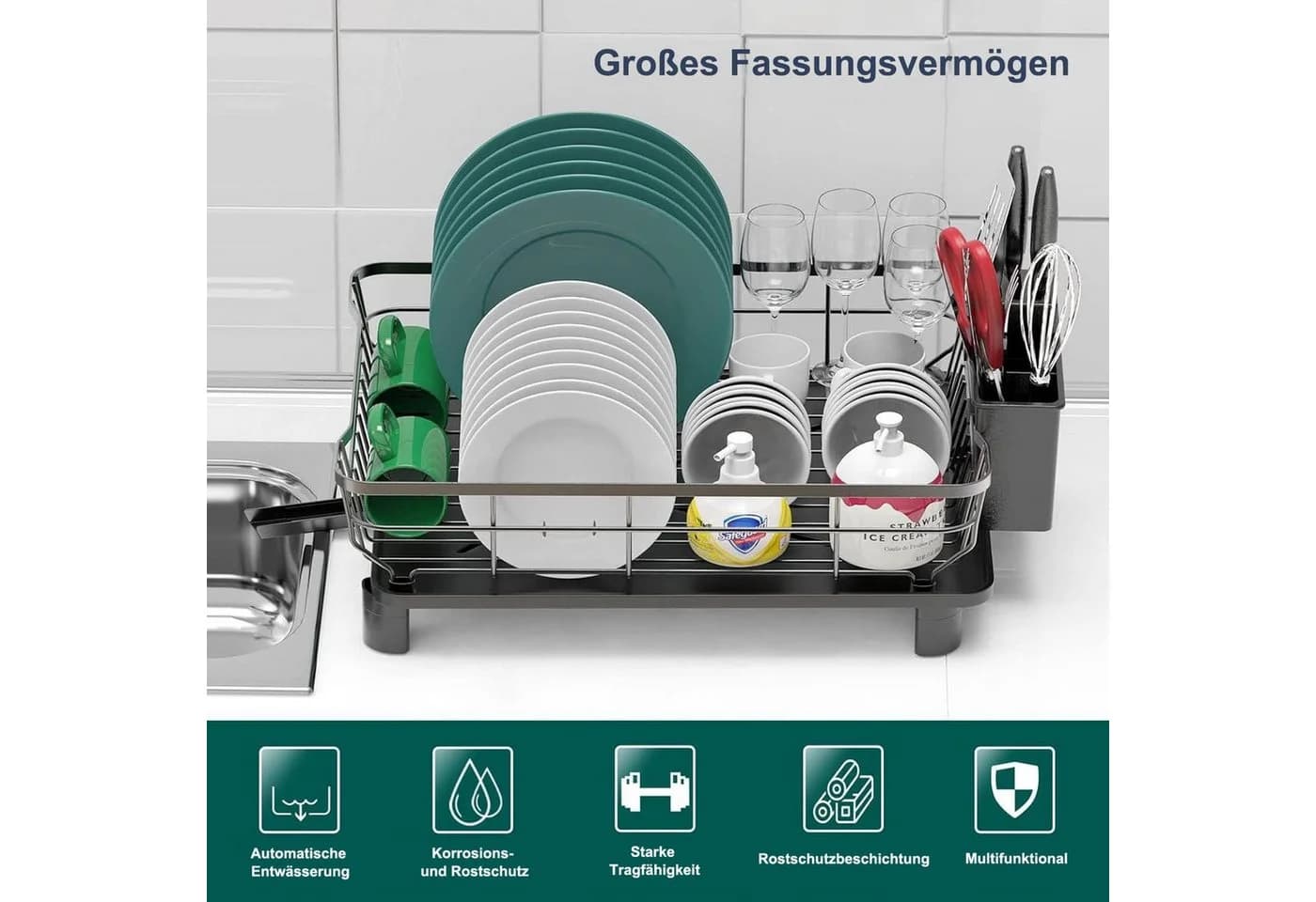 SURFOU Geschirrständer Schwarz mit 360° Ablauf