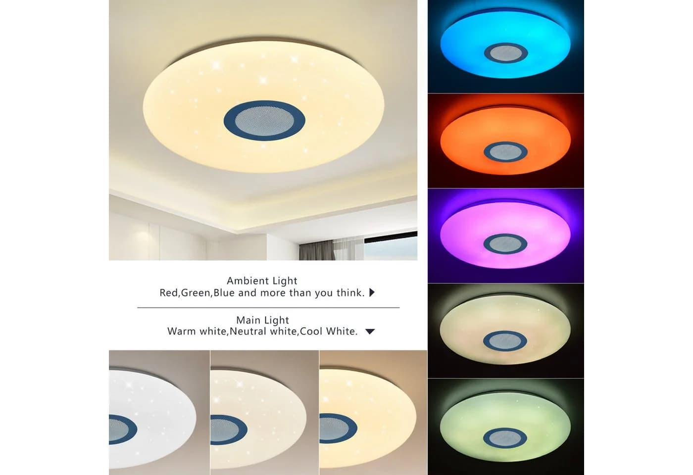 JDONG LED Deckenleuchte Dimmbar mit Bluetooth-Lautsprecher RGBW Farbwechsel