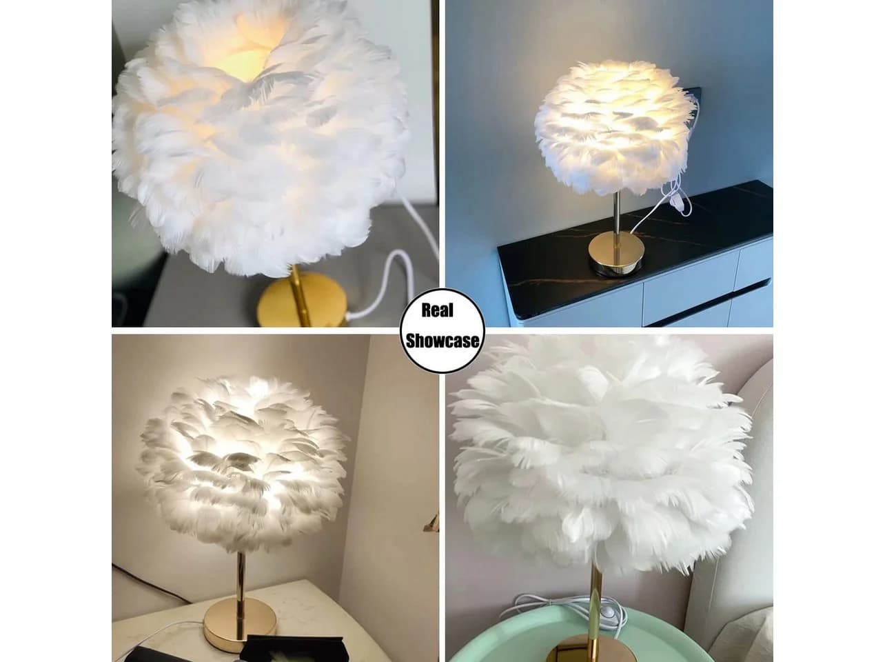 JDONG Tischleuchte Weiße Feder, Deko Lampe Wohnzimmer 30cm, E27, Nachttischlampe Gold Sockel