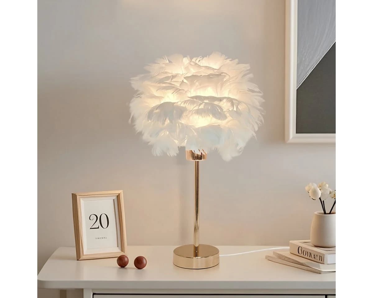 JDONG Tischleuchte Weiße Feder, Deko Lampe Wohnzimmer 30cm, E27, Nachttischlampe Gold Sockel - Bild 2