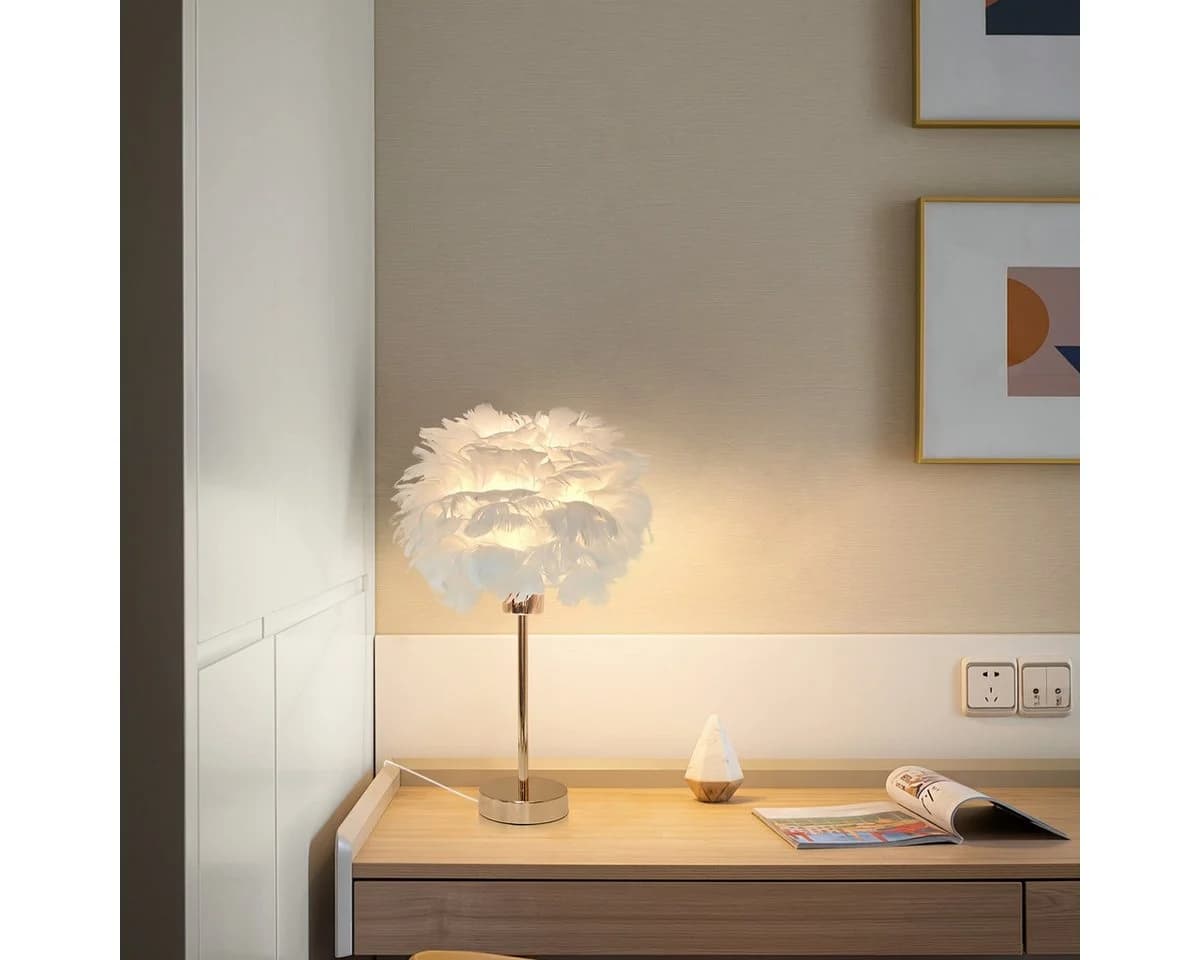 JDONG Tischleuchte Weiße Feder, Deko Lampe Wohnzimmer 30cm, E27, Nachttischlampe Gold Sockel - Bild 3