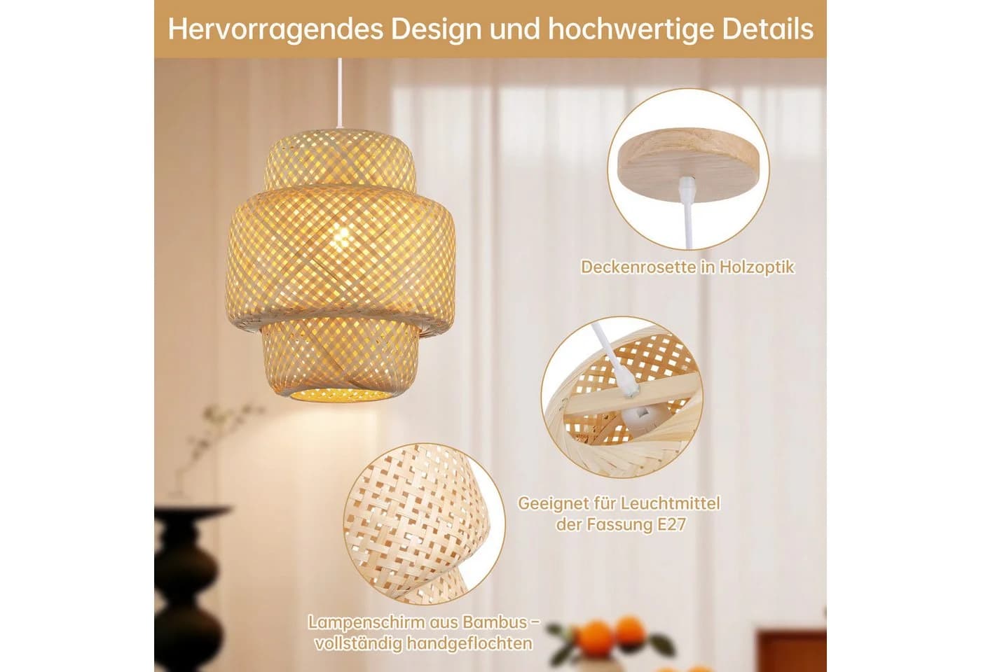 JDONG Pendelleuchte Bambus Beige E27 Vintage Boho