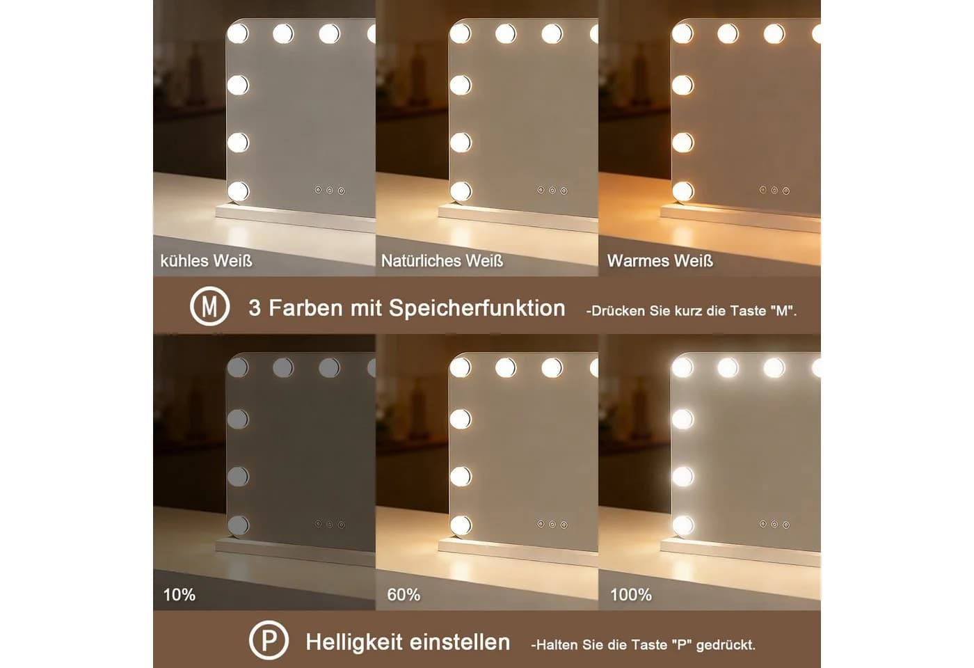 JDONG Schminkspiegel mit LED-Beleuchtung und USB-Anschluss