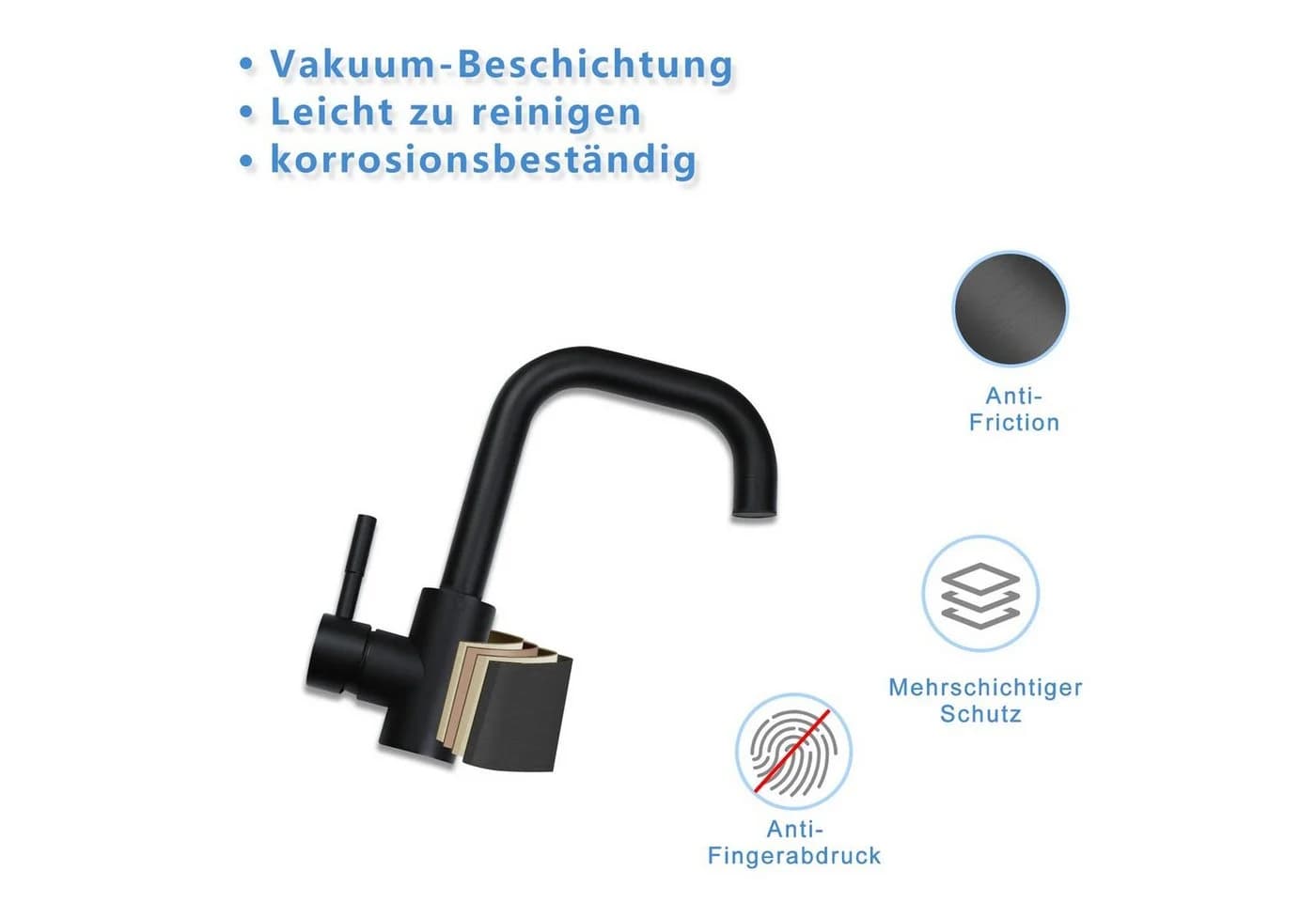 ZMH Waschtischarmatur Wasserhahn Bad Ausziehbar Brause Mischbatterie Schwarz - Bild 5