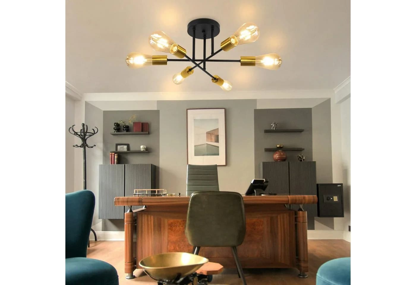 Nettlife Deckenleuchte Retro 6 Glühbirnen E27 LED wechselbar Schwarz Gold - Bild 3