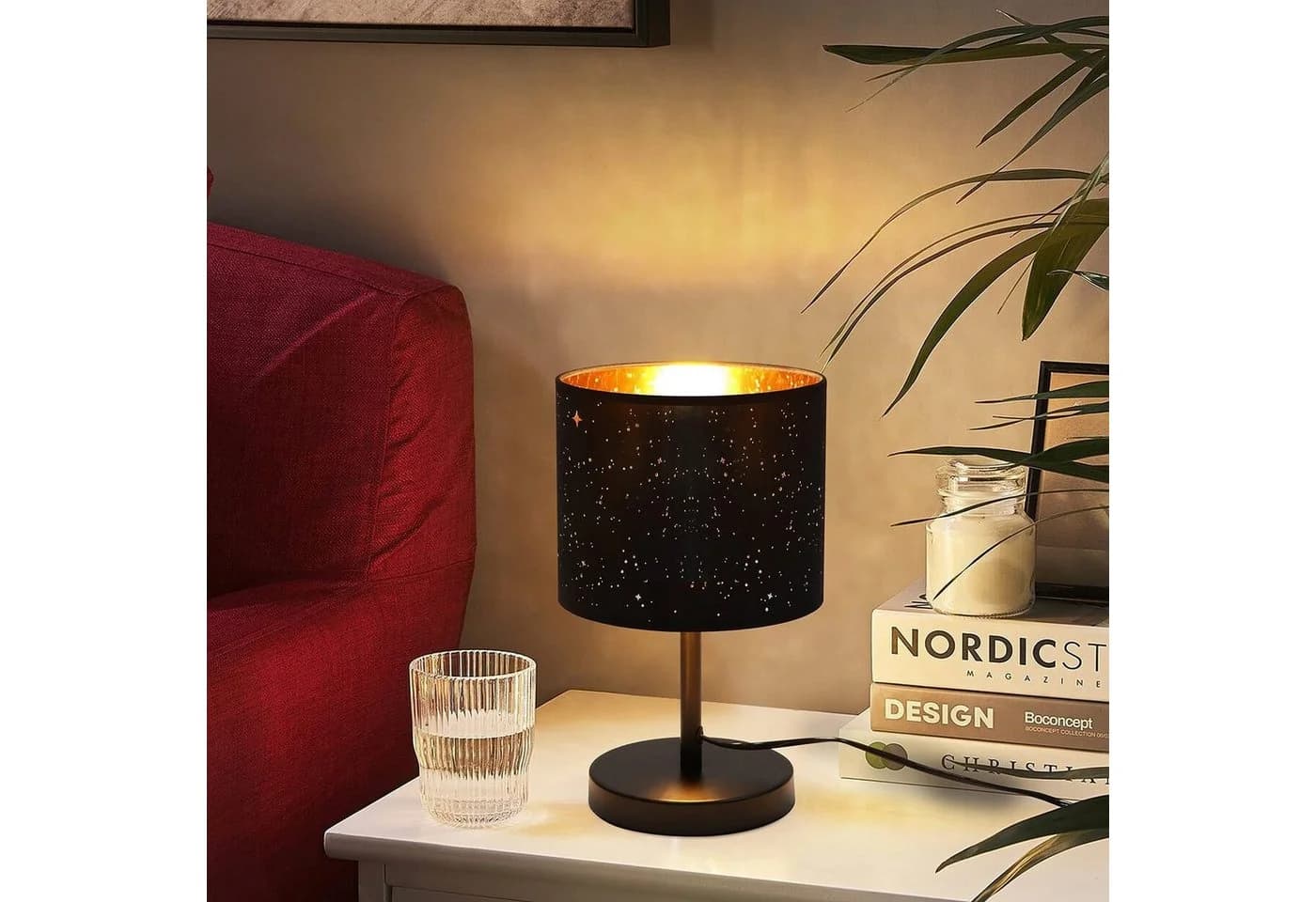 Nettlife Nachttischlampe Sternenhimmel Schwarz & Gold Stoffschirm - Bild 3