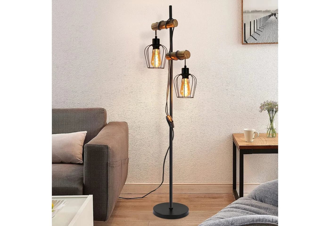 Nettlife Stehlampe Retro Holz 151cm 2 Leuchtmittel - Bild 2