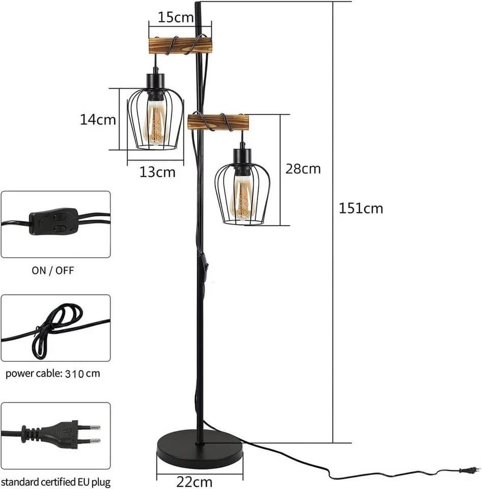 Nettlife Stehlampe Retro Holz 151cm 2 Leuchtmittel - Bild 3