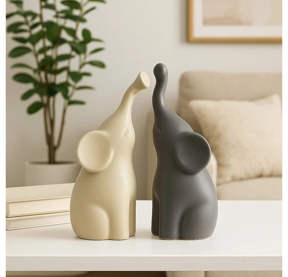 JASLIFE Elefantenpärchen 2er Set Keramik Deko Grau/Beige - Bild 4