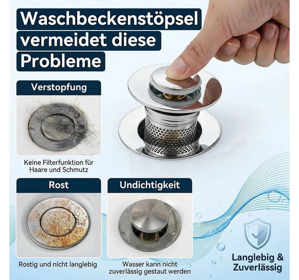JASLIFE Waschbeckenstöpsel Pop-up-Ablaufstopfen Kaliber 33-40mm, 2 St. rostfrei, wasserdicht, mit Filtereinsatz