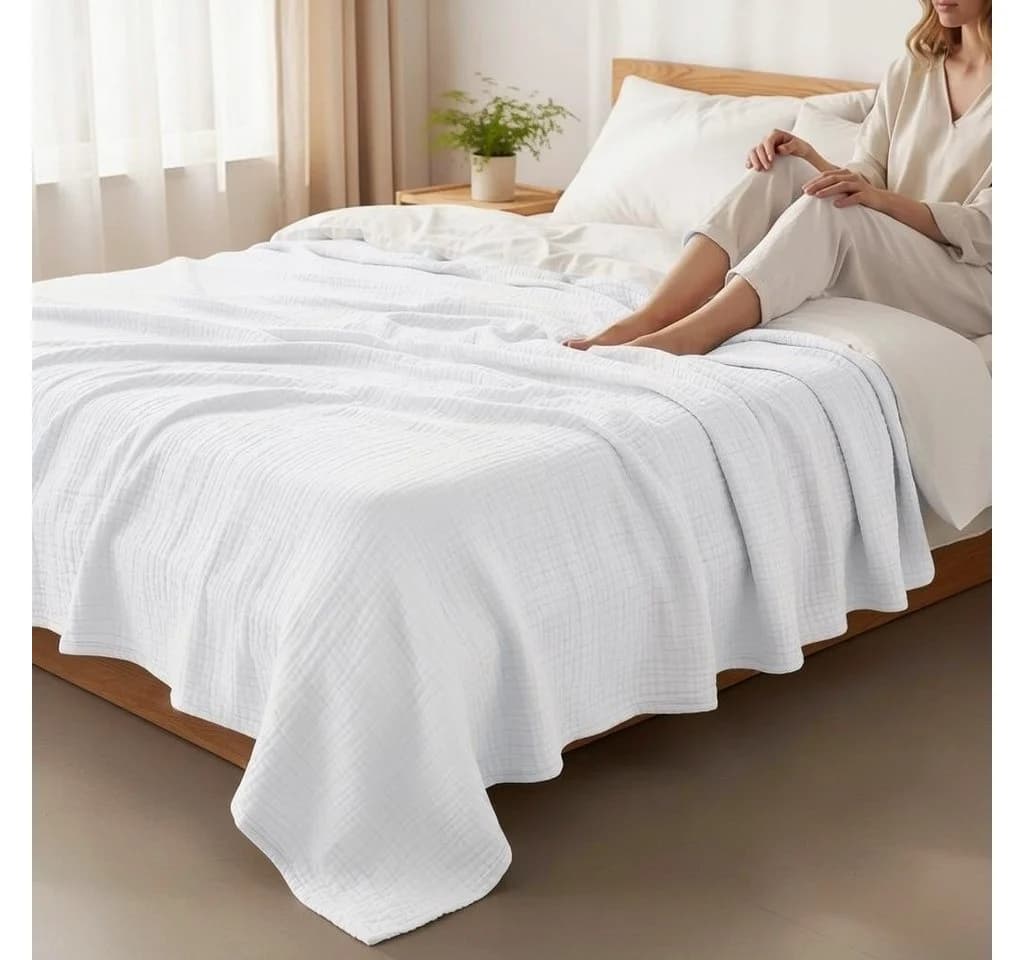 JASLIFE Musselin Wohndecke 100% Baumwolle Weiß